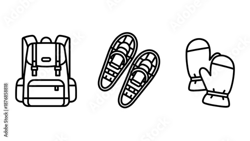 Winter Sports Equipment Icons: Backpack, snowshoes, and mittens, representing essential gear for snowy outdoor activities.