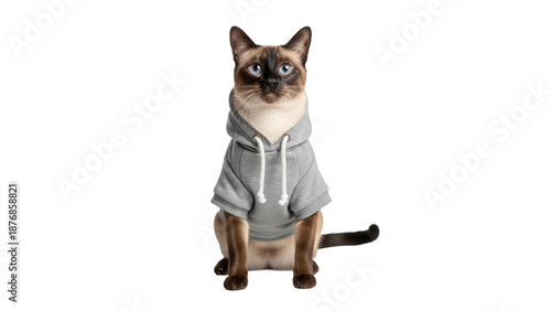 Siamese cat wearing grey hoodie sitting and looking forward, cut out, stock png, isolated on transparent background