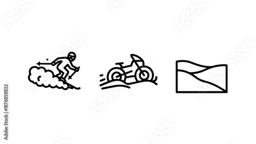 Winter Recreation Icons: Skier carving through snow, dirt bike, and landscape, showcasing diverse outdoor activities in cold climates.