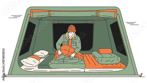 Camper Prepares For Rest In Tent While Camping Adventure In Nature