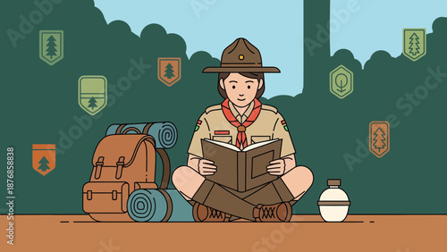 Boy Scout Reading A Book In The Forest Surrounded By Tree Icons Adventure