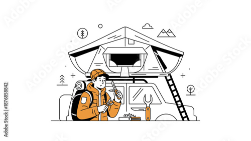 Camper Makes Camp Atop His Vehicle After A Long Day Traveling Outdoors