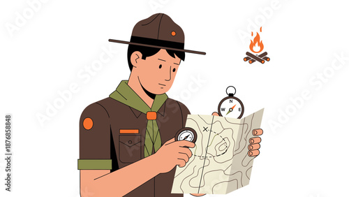 Boy Scout Reads A Topographic Map Near Campfire And Compass Adventures Outdoors