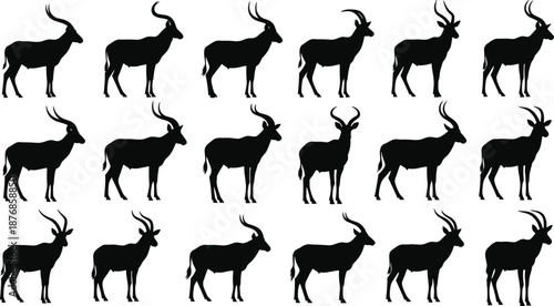 Black Antelope Silhouette Set Vector Collection Featuring Various Impala and Gazelle Profiles Standing Isolated on White Background for Wildlife Nature Design and African Safari Graphics