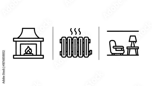 Cozy Winter Home Icons: Fireplace, radiator, and armchair with lamp, representing warmth, comfort, and heating in a cold season.