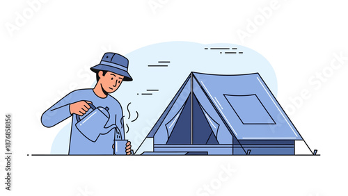 Camper Pours Hot Drink Near A-Frame Tent On Outdoor Adventure