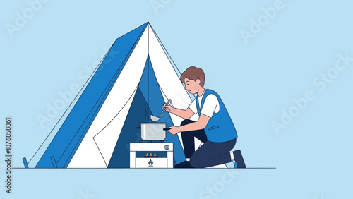 Camper Preparing Meal Outside of Tent Illustration For Outdoor Adventure Concept