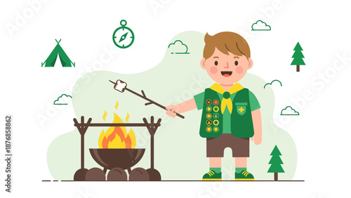 Boy Scout Roasting Marshmallow Over Campfire In Nature Illustration Adventure