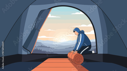 Camper Preparing Sleeping Gear Inside Tent Enjoying Mountain Scenery At Sunrise