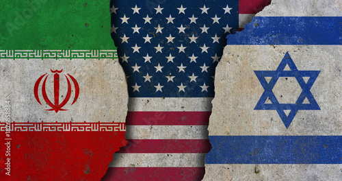 Foto Iran, United States and Israel geopolitical conflict concept with cracked flags