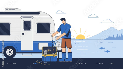 Camper Vacation With Fishing Activity By The Lake At Summer Sunrise Time