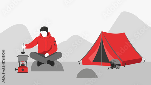 Camping Adventure At High Altitude Illustrating Solitude And Preparedness For The Outdoors