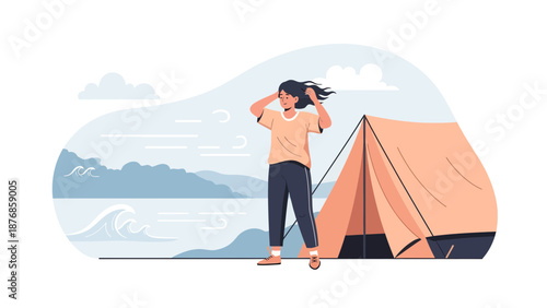 Camping Adventure At The Beach Woman Enjoying Nature Illustration