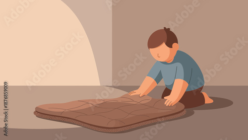 Boy Spreading Mattress Preparation For Sleep In Room Flat Design Style