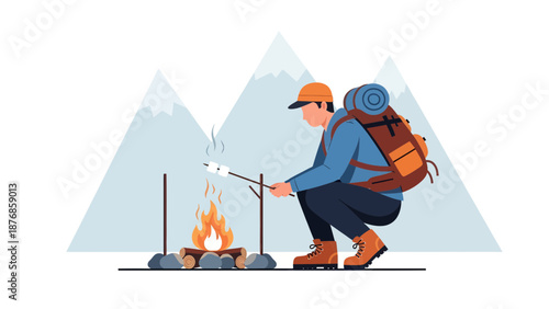 Camping Adventure: Hiker Roasting Marshmallows Over Campfire in Mountainous Landscape