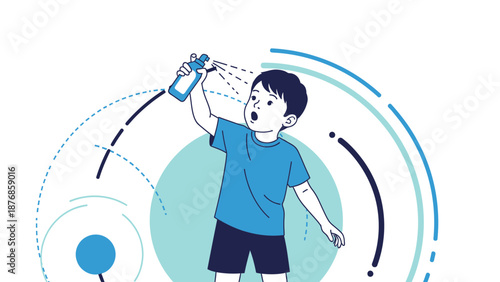 Boy Sprays Water, Refreshing Himself on a Hot Day in the Summer Season