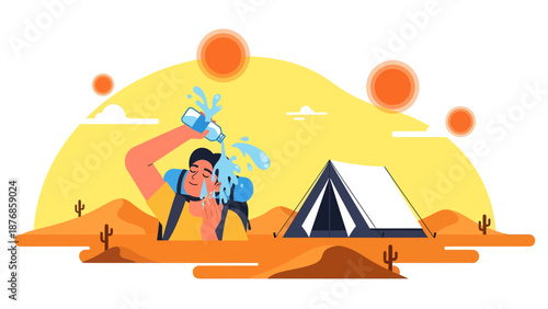 Camping Adventure In The Desert: Cooling Off With Water On A Hot Sunny Day