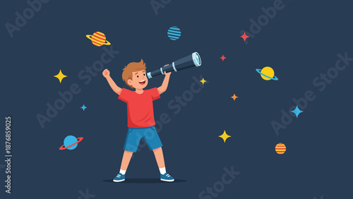 Boy Stargazing Discovering Planets With A Telescope In A Dark Space Background