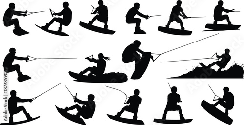 Black Silhouette Vector Illustrations Set of Professional Wakeboarders and Kitesurfers Performing Jumps Tricks and Stunt Maneuvers on Water Isolated on White Background