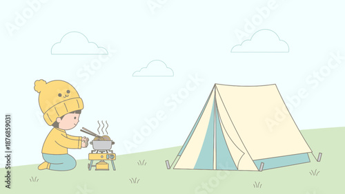 Camping Adventure Illustration With Noodles On A Stove In The Campground