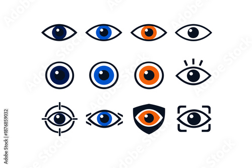 A set of eye icons in flat/minimalist style, with a strong emphasis on colours: blue, orange, black outline, plus special variants with a crosshair, shield, scanner, sparkle/rays.