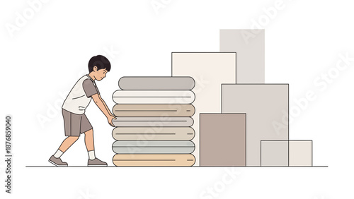 Boy Stacking Laundry To Reach Higher Place In The House Chore Illustration