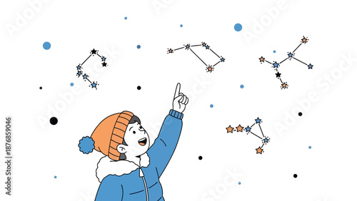 Boy Stargazing Learning Constellations Under Winter Sky Illustration