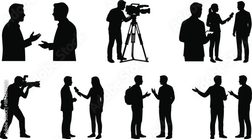 Black silhouette vector set of news reporters interviewing, cameraman filming, photographer shooting, and people talking or communicating isolated on a white background for design.