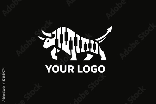 A cool, minimalistic and stylish logo for trading/finance/cryptocurrency/investments! A white silhouette of a bull running/attacking to the right — a classic symbol of a bull market (growing market).