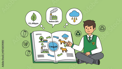 Boy Studying Carbon Cycle And Environmental Impact From Illustrated Book For Knowledge