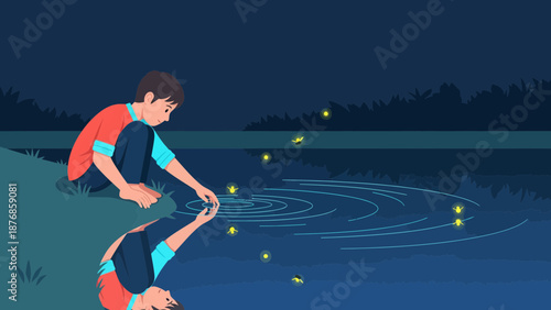 Boy Touches Water Reflecting Fireflies In Calm Lake At Twilight Time