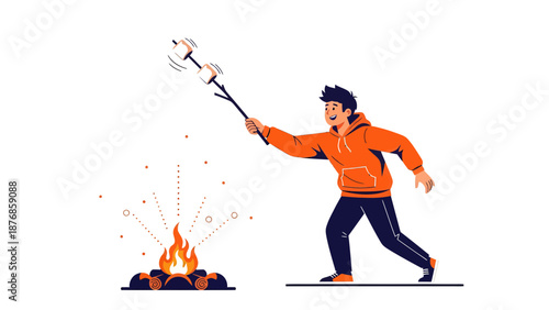 Boy Toasting Marshmallows Over Campfire Joyful Outdoor Summer Activity Illustration