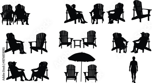 Black silhouette vector set of people relaxing in Adirondack chairs with garden umbrella and side table isolated on white background for summer vacation concept