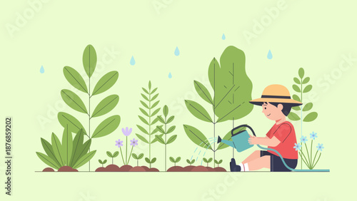 Boy Watering New Plants In The Garden On A Sunny Spring Day Illustration