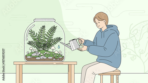Boy Waters A Tiny Ecosystem Growing Inside Of Glass Terrarium Illustration