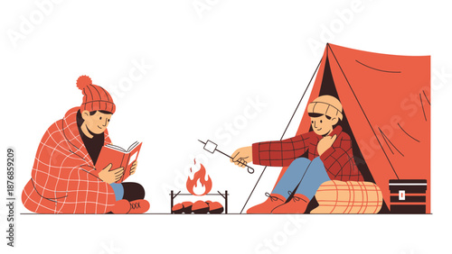 Camping Holiday With Friends Enjoying Nature By Reading And Making Marshmallows