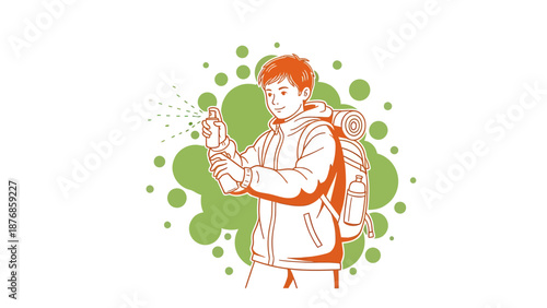 Boy With Backpack Using Insect Repellent Spray For Outdoor Activities