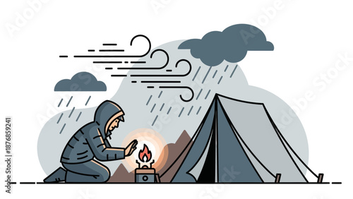 Camping In Rainy Weather Illustration With Tent, Campfire, Bad Weather And Hooded Figure