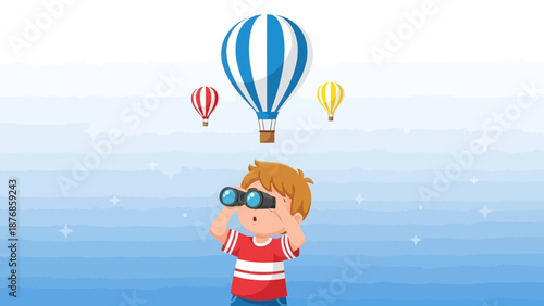 Boy With Binoculars Gazing At Air Balloons In Sky Adventure Discovery