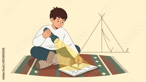 Boy With Flashlight Drawing At Night Inside A Tent On A Colorful Carpet