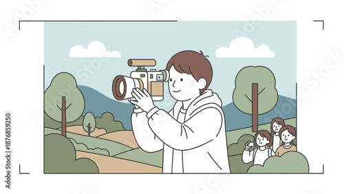 Boy With Camera Capturing Moments In Nature With Family On Trip