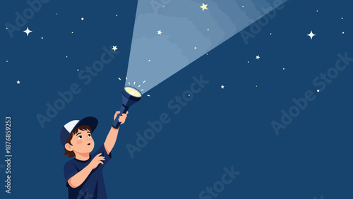 Boy With Flashlight Exploring Night Sky Full Of Stars In Dark Adventure