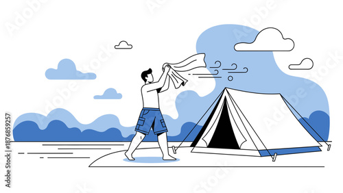 Camping Scene With Person Drying Off Near A Tent In Minimalist Style Art