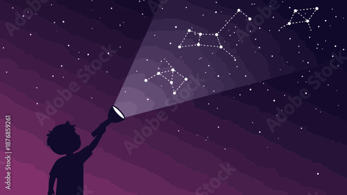 Boy With Flashlight Exploring Constellations In Night Sky Imagination