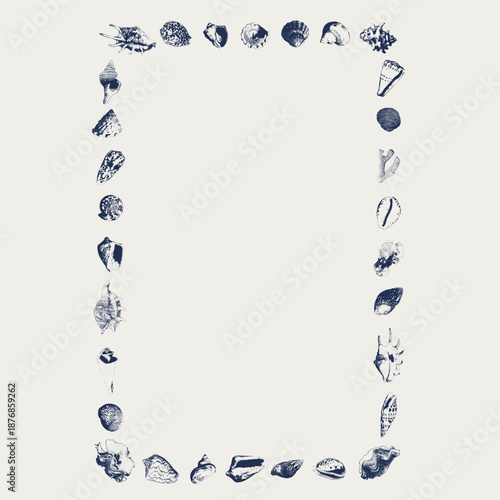 Tropical vector underwater style frame of seashells and corals collection Isolated on white background. Border for interior design, prints, fabric or background.