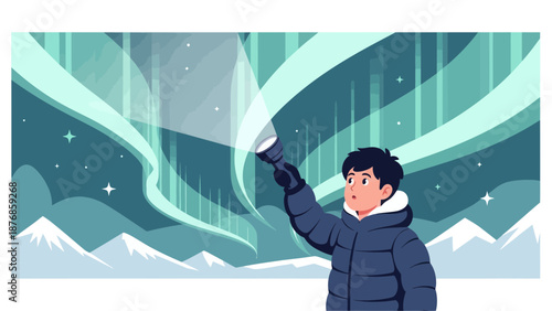 Boy With Flashlight Watching The Northern Lights Over Snowy Mountains
