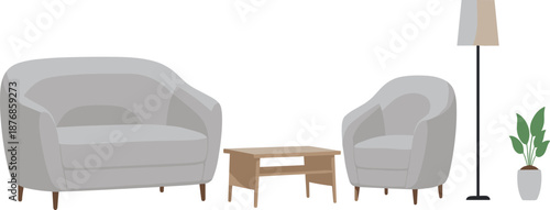 Modern Living Room Furniture Set Featuring Sofa, Armchair, Coffee Table, Floor Lamp, and Indoor Plant Illustration