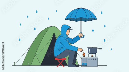 Camping On A Rainy Day Man Cooking Food Under Umbrella Near Tent