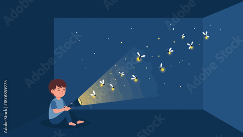 Boy With Flashlight Projects Fireflies On Wall In Dark Room Illustration