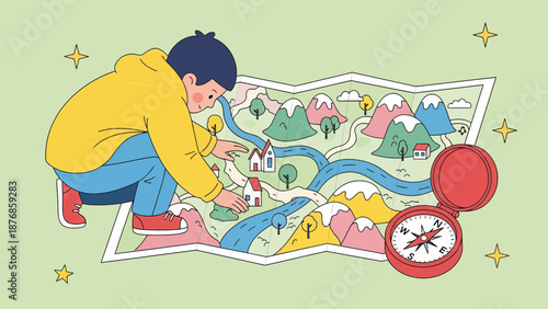 Boy With Hoody Planning Adventure Route On Map With Compass Illustration